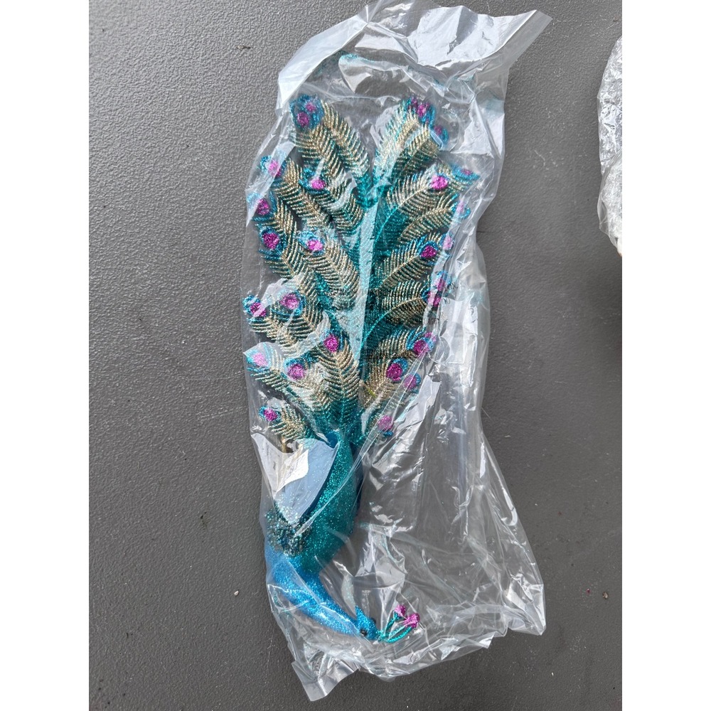 Glittered Peacock Clip On Christmas Ornament Blue Teal Gold Beaded Bird Decor